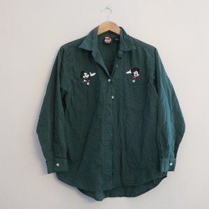 Original Vintage Mickey Minnie Mouse Disney Olive Green Button Down